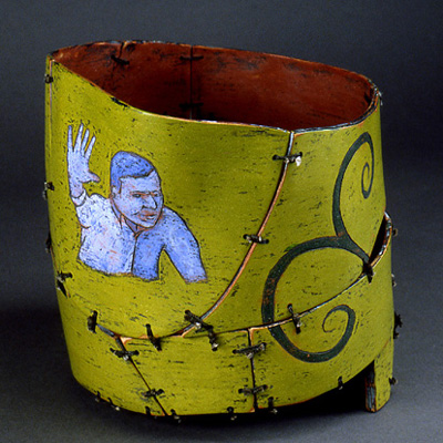 painted and sewn wood vessel